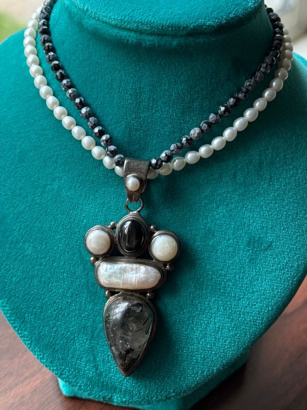 Unique Rutile Quartz, Star Diopside, Pearl, and Snowflake Obsidian Necklace